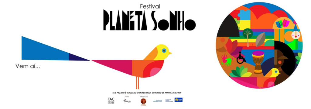 Imagem de fundo branco, retangular, com o desenho de um passarinho colorido, o título do festival e, do lado direito, um círculo colorido com diversos elementos coloridos, representando a diversidade contida no evento